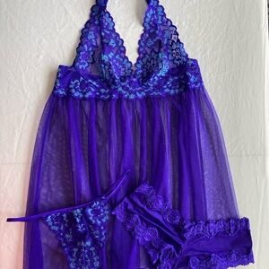VS Sheer Lace Halter Babydoll in Amethyst XS, Lace Thong and Cheeky Panty XS